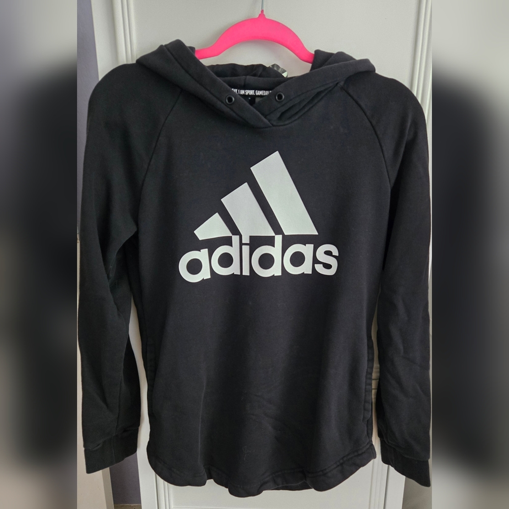Adidas Black and White Logo Hoodie with Curve Hem Size S